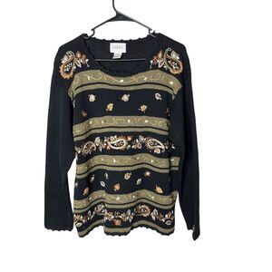 Vintage Jenny Black Gold‎ Embroidered Paisley Leaf Sweater Size Large